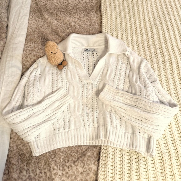 Hollister Sweaters - Hollister White Cable Knit Cropped Polo Sweater Size Small Womens V-Neck